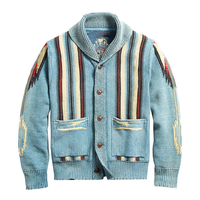 Men's Vintage Jacquard Lapel Single Breasted Long Sleeve Knit Cardigan