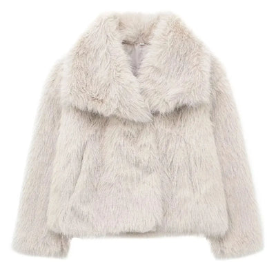 TRAFZA Women Elegant Faux Fur Coat Warm Fluffy Loose Long Sleeve Lapel Jacket Autumn Winter Fashion High Street Lady Outerwear