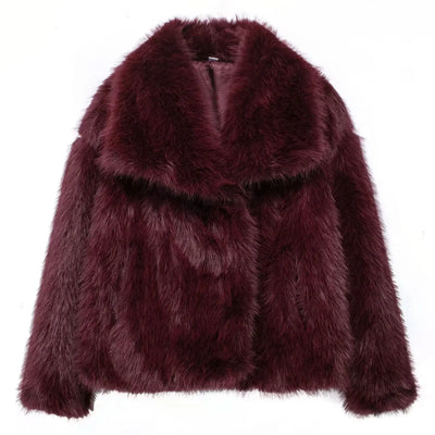 TRAFZA Women Elegant Faux Fur Coat Warm Fluffy Loose Long Sleeve Lapel Jacket Autumn Winter Fashion High Street Lady Outerwear