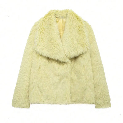 TRAFZA Women Elegant Faux Fur Coat Warm Fluffy Loose Long Sleeve Lapel Jacket Autumn Winter Fashion High Street Lady Outerwear