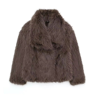 TRAFZA Women Elegant Faux Fur Coat Warm Fluffy Loose Long Sleeve Lapel Jacket Autumn Winter Fashion High Street Lady Outerwear
