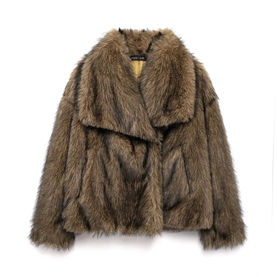 TRAFZA Women Elegant Faux Fur Coat Warm Fluffy Loose Long Sleeve Lapel Jacket Autumn Winter Fashion High Street Lady Outerwear