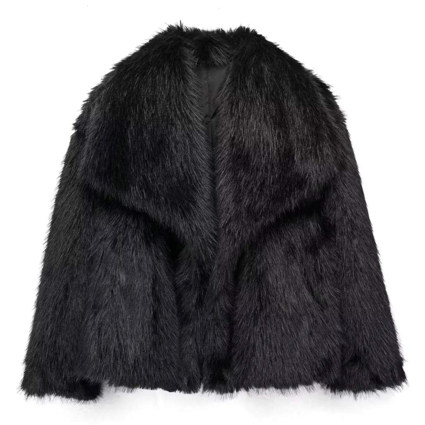 TRAFZA Women Elegant Faux Fur Coat Warm Fluffy Loose Long Sleeve Lapel Jacket Autumn Winter Fashion High Street Lady Outerwear