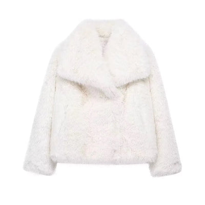 TRAFZA Women Elegant Faux Fur Coat Warm Fluffy Loose Long Sleeve Lapel Jacket Autumn Winter Fashion High Street Lady Outerwear