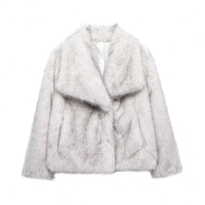 TRAFZA Women Elegant Faux Fur Coat Warm Fluffy Loose Long Sleeve Lapel Jacket Autumn Winter Fashion High Street Lady Outerwear