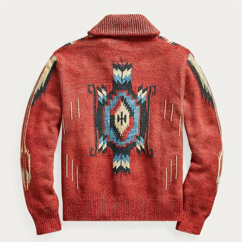 Men's Vintage Jacquard Lapel Single Breasted Long Sleeve Knit Cardigan