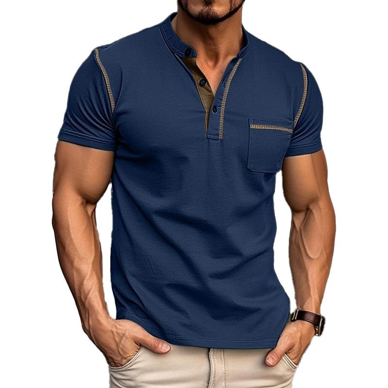 Men's Casual Colorblock Henley Collar Cotton Short Sleeve T-Shirt