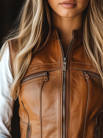 Retro Stand Collar Zipper-up Faux Leather Waistcoat